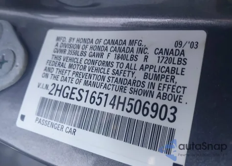 2004 Honda Civic Lx z USA, uszkodzony, nr VIN 2HGES16514H506903